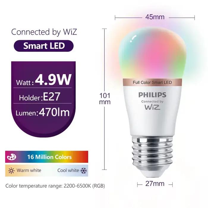 Philips WiZ 4.9W E27 P45 Wi-Fi et Bluetooth LED Mini ampoule boule intelligente 220-240V 16 millions