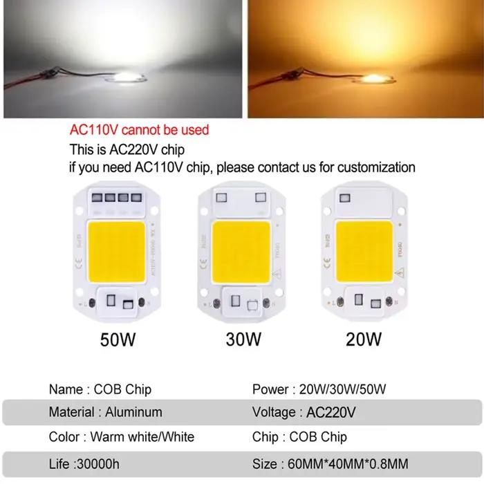 Puce COB LED intelligente IC 10W 20W 30W 50W 220V, pas besoin de pilote, ampoule LED 3W 5W 7W 9W pou