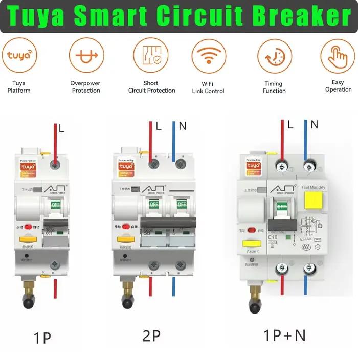 Disjoncteur WIFI Tuya 230V 16A 32A 60A, télécommande Smart Life, Protection contre les courts-circui