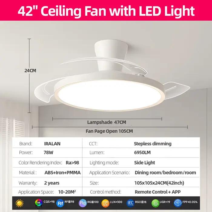 IRALAN ventilateur de plafond Invisible moderne avec lumière LED moteur à courant continu grand Volu