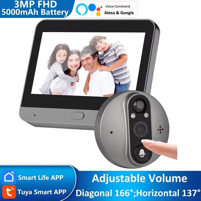 3MP Tuya Smart Life APP maison batterie WiFi vidéo numérique porte judas visionneuse PIR IR sonnette