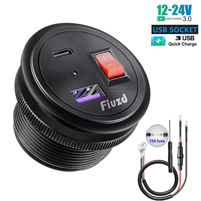 Prise usb automobile 12v, Charge rapide 3.0, prise en aluminium, prise USB pour moto 12V avec interr