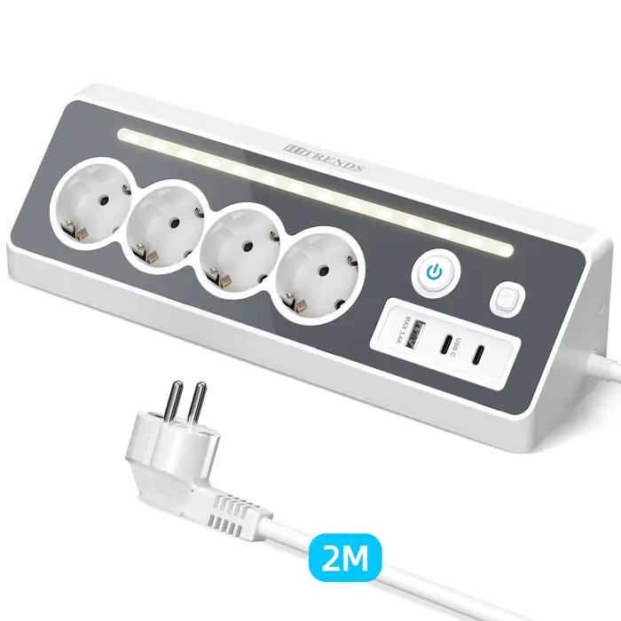 Prise multifonctionnelle 7-en-1 avec lumière nocturne, 2 ports USB + Type-C à charge rapide, adaptée