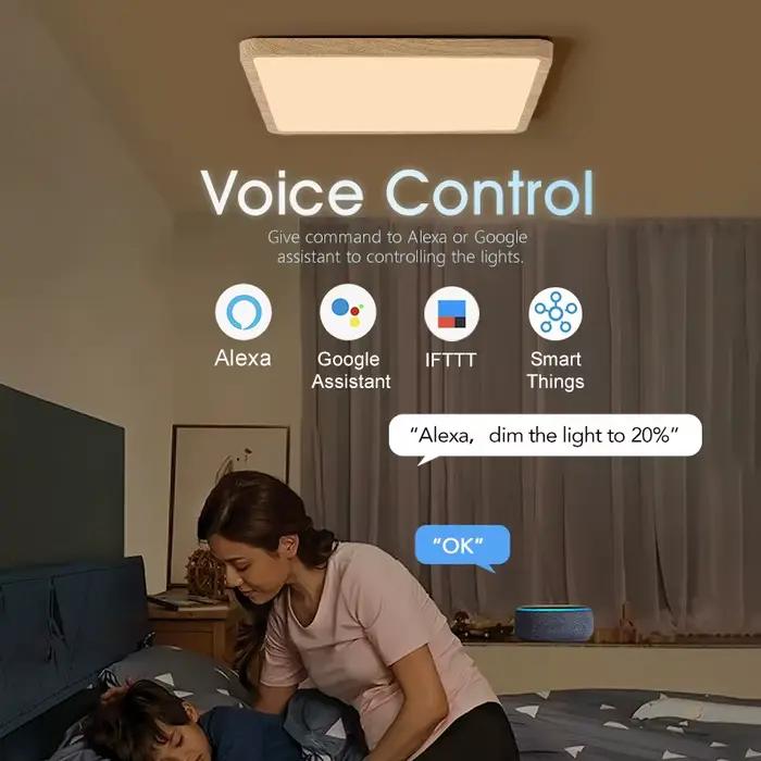 MARPOU Tuya plafonnier LED intelligent Grain de bois App commande vocale Alexa/Google télécommande p