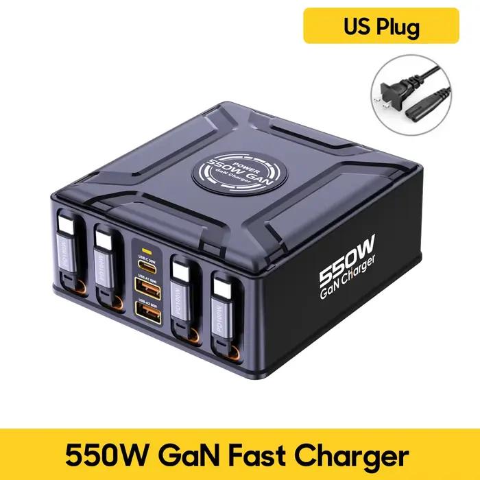 Station de charge 7-en-1 550W avec câble USB-C rétractable 100W, chargeur rapide GaN pour MacBook Pr