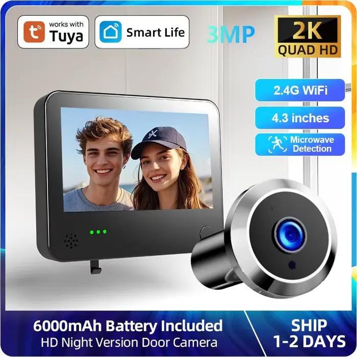 Caméra de sécurité de porte intelligente Tuya avec œil de chat, écran 4,3 pouces, vision nocturne 2K