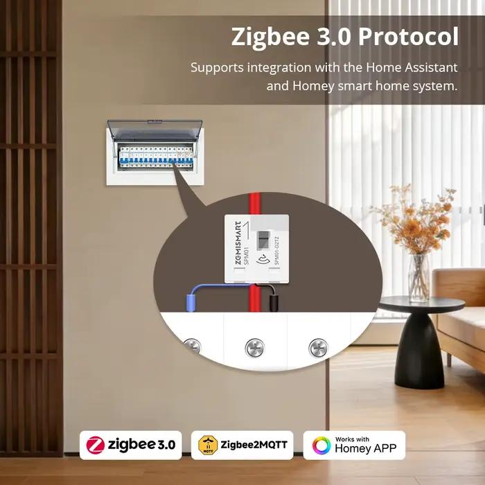 Zemismart Zigbee 3.0 Mini Compteur d'énergie intelligent 63A Capteur de surveillance électrique comp