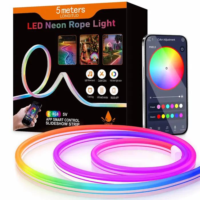 Bande lumineuse LED néon RGBIC intelligente, WiFi et Bluetooth, couleurs de rêve, chasse USB 5V, cor