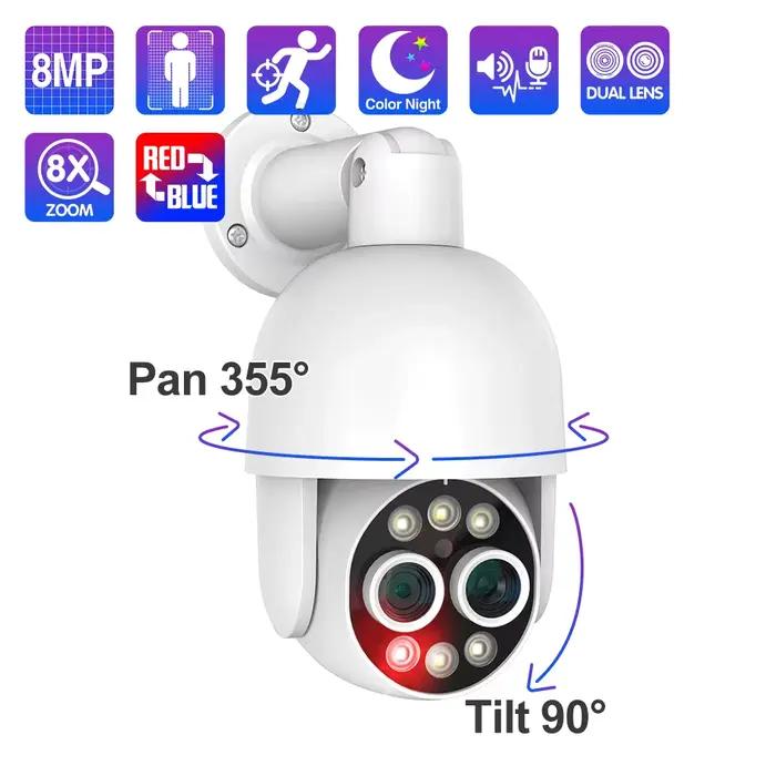 Techage PTZ 4K 8MP POE caméra 8X Zoom hybride 2.8mm 12mm double objectif Audio bidirectionnel couleu