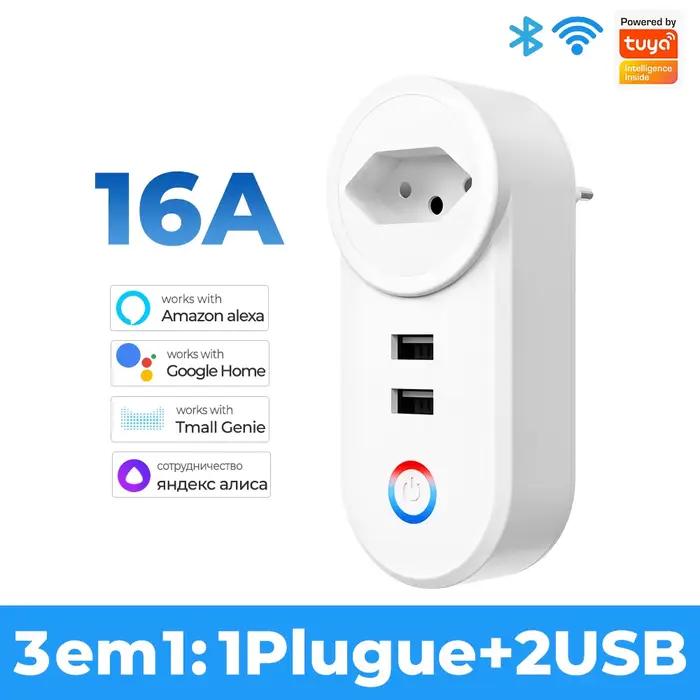 Prise intelligente Wifi Tuya 16A, avec 2 prises de charge USB, prise EU US UK brésil, contrôle de la