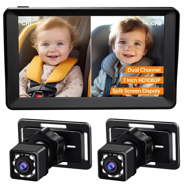 Caméra de voiture pour bébé pour 2 enfants, 7 pouces, 1080P AHD, double objectif, grand angle 360° °