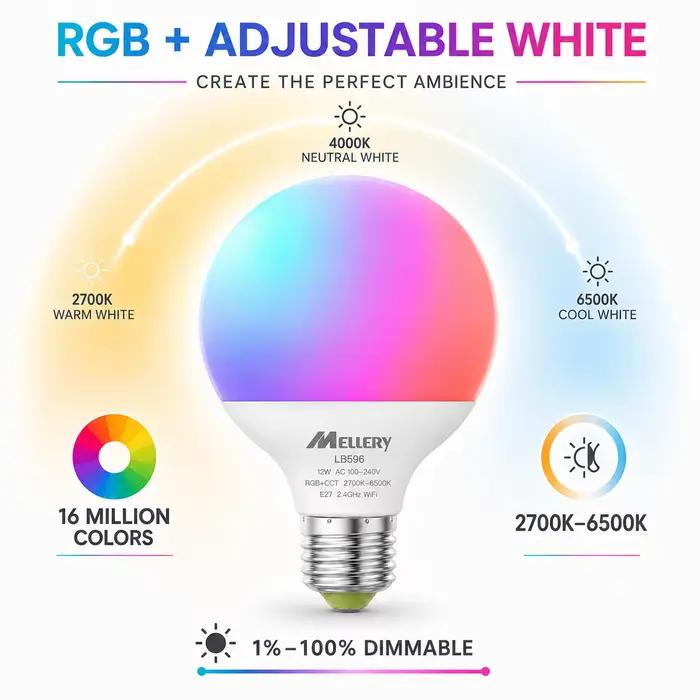 Melery Wifi Smart E27 LED ampoule G95 12W égal 100-240V chaud blanc froid rvb couleur changeante Spot lampe Alexa Google Home
