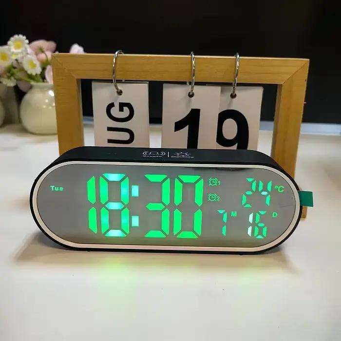 Réveil numérique température Date semaine 2 alarmes Mode nuit Snooze 12/24H Anti-déruption commande vocale LED Rechargeable miroir horloge