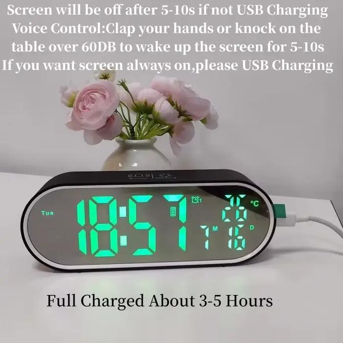 Réveil numérique température Date semaine 2 alarmes Mode nuit Snooze 12/24H Anti-déruption commande vocale LED Rechargeable miroir horloge