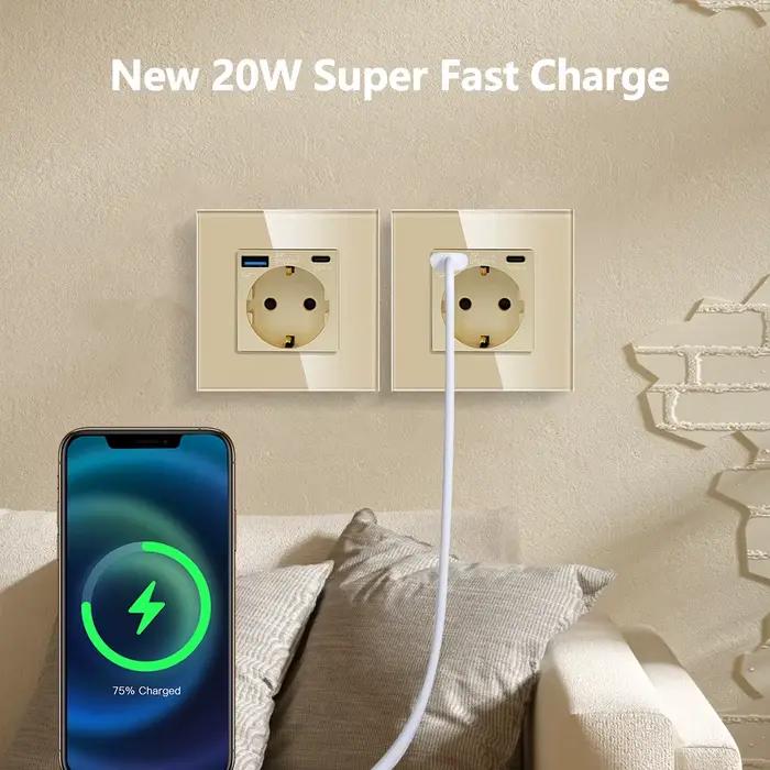 Prise murale simple avec ports USB type-c 20 W Double prise en verre Triple prises électriques prises de courant et interrupteur tactile 16A or