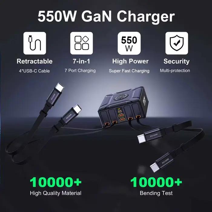 Station de charge 7-en-1 550W avec câble USB-C rétractable 100W pour MacBook Pro, iPhone 17, Samsung, ordinateur portable, tablette, charge rapide GaN, compatible avec divers appareils pour un bureau organisé et productif