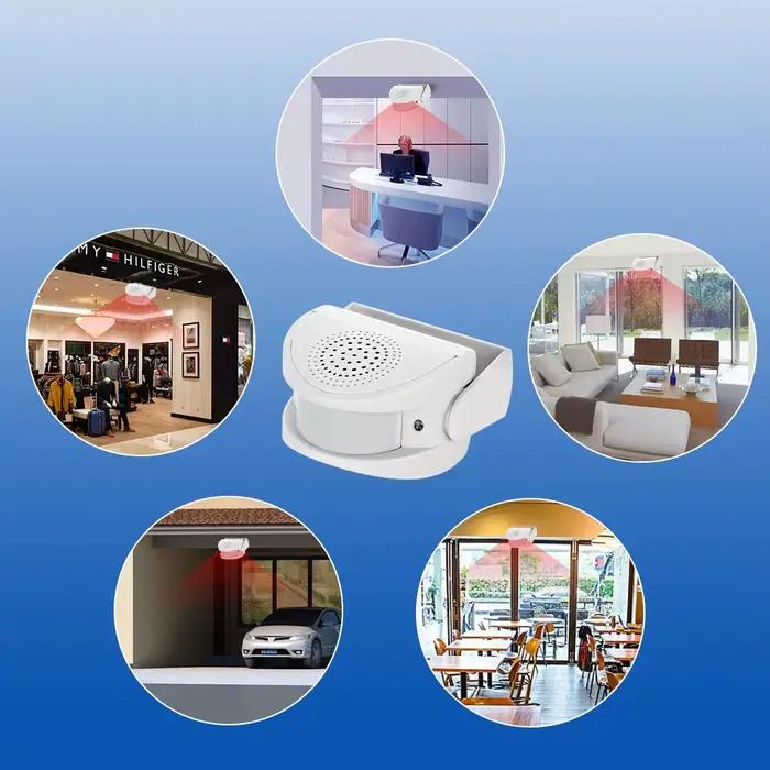 Sonnette de porte sans fil FUERS avec détecteur de mouvement pour sécurité et bienvenue des invités occasions spéciales entrée des magasins entreprises protection intelligente alarme anti-intrusion 90dB musique personnalisable