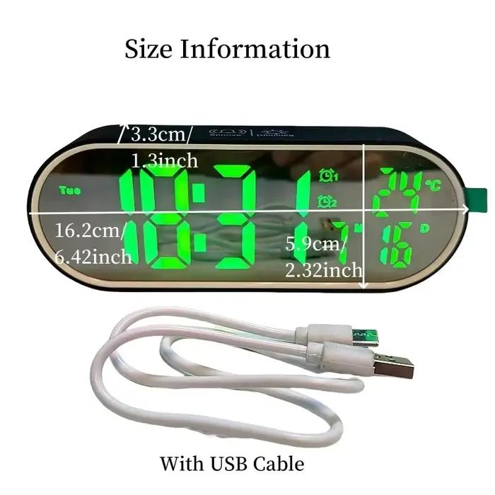 Réveil numérique température Date semaine 2 alarmes Mode nuit Snooze 12/24H Anti-déruption commande vocale LED Rechargeable miroir horloge
