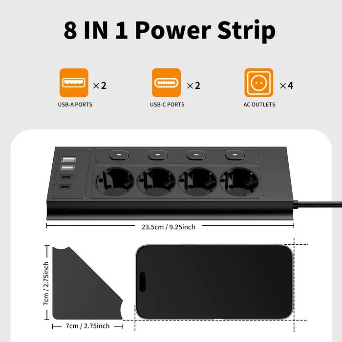 Multiprise d'angle de bureau européenne avec 4 interrupteurs indépendants et 4 ports USB pour charge rapide occasions professionnelles et personnelles