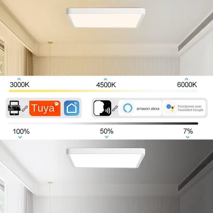 MARPOU Tuya plafonnier LED intelligent Grain de bois App commande vocale Alexa/Google télécommande plafonniers carrés