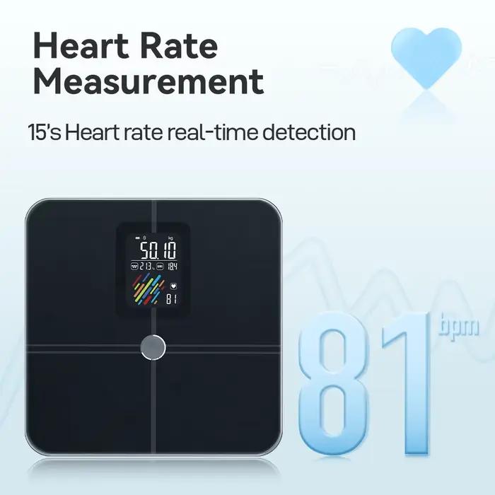 Balance de poids de graisse corporelle intelligente en verre trempé pour salle de bain avec application smartphone pour suivi de la santé quotidien hebdomadaire et annuel