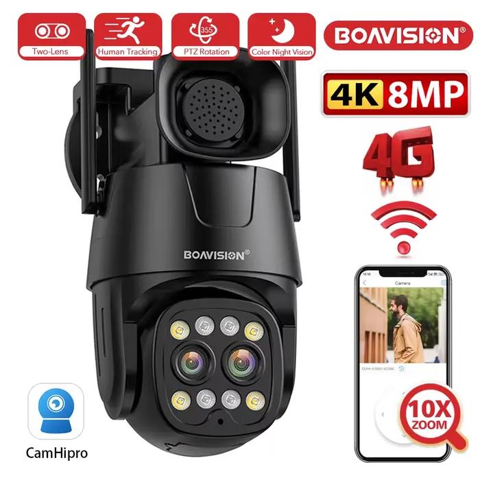 Caméra IP Wifi/4G carte Sim PTZ 4MP 8MP double objectif 2.8mm-8mm 10X Zoom extérieur AI suivi humain couleur Vision