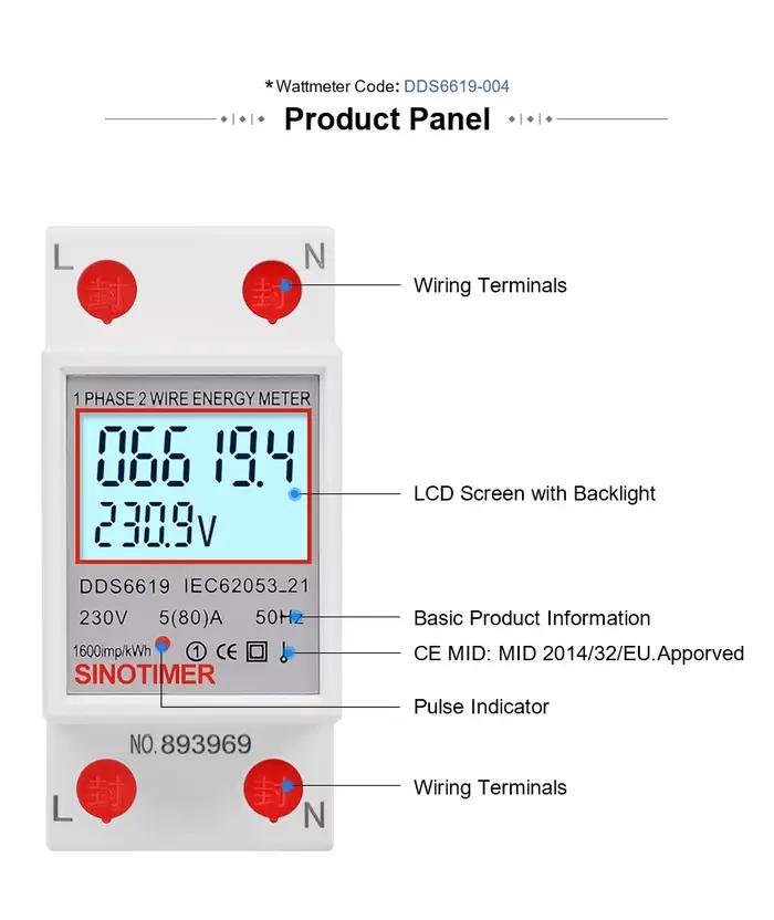 Compteur d'énergie numérique LCD 80A monophasé 2 fils pour usage domestique