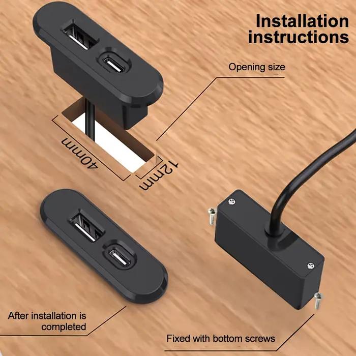 Table prises de courant cachées USB + prise type-c alimentation intégrée