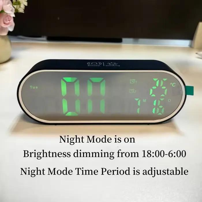 Réveil numérique température Date semaine 2 alarmes Mode nuit Snooze 12/24H Anti-déruption commande vocale LED Rechargeable miroir horloge
