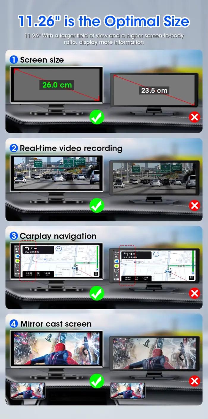 10/11.26 pouces Dash Cam 4K voiture DVR sans fil Carplay et Android Auto GPS Navigation enregistreur vidéo tableau de bord double objectif Wifi FM AUX