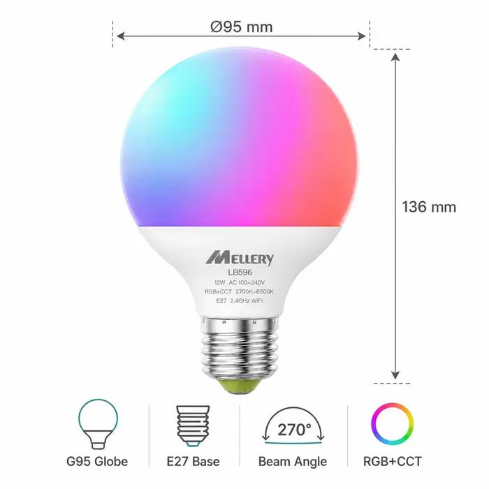 Melery Wifi Smart E27 LED ampoule G95 12W égal 100-240V chaud blanc froid rvb couleur changeante Spot lampe Alexa Google Home