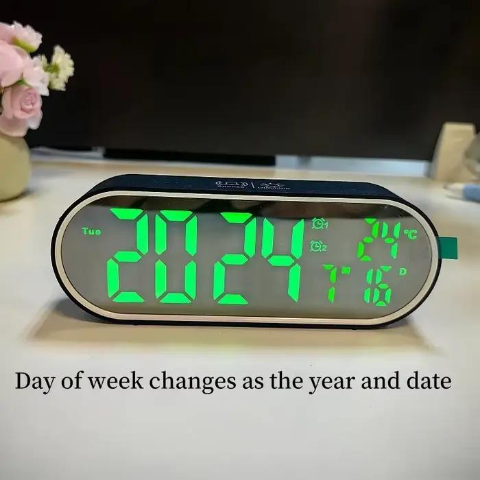 Réveil numérique température Date semaine 2 alarmes Mode nuit Snooze 12/24H Anti-déruption commande vocale LED Rechargeable miroir horloge