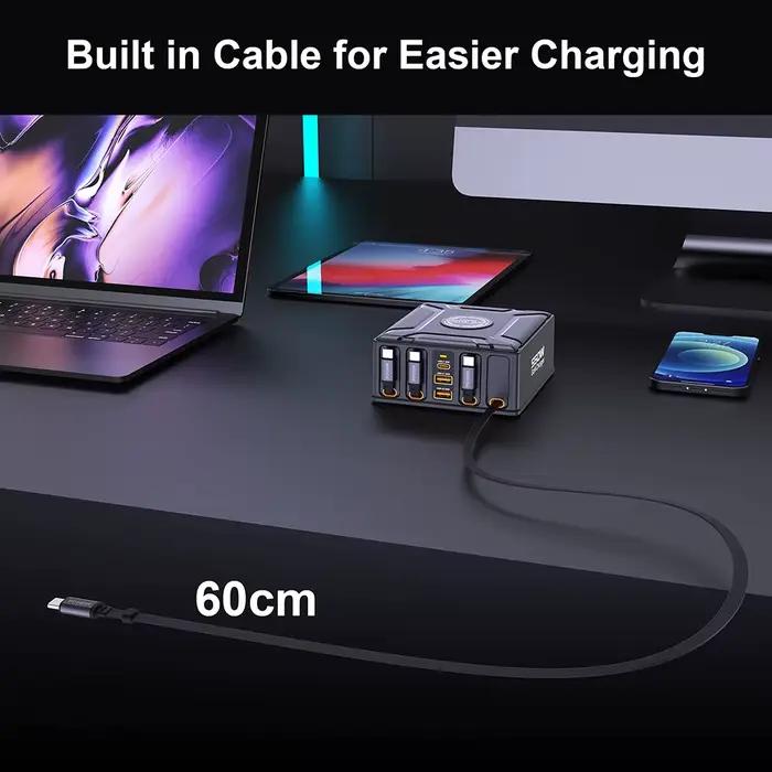 Station de charge 7-en-1 550W avec câble USB-C rétractable 100W pour MacBook Pro, iPhone 17, Samsung, ordinateur portable, tablette, charge rapide GaN, compatible avec divers appareils pour un bureau organisé et productif