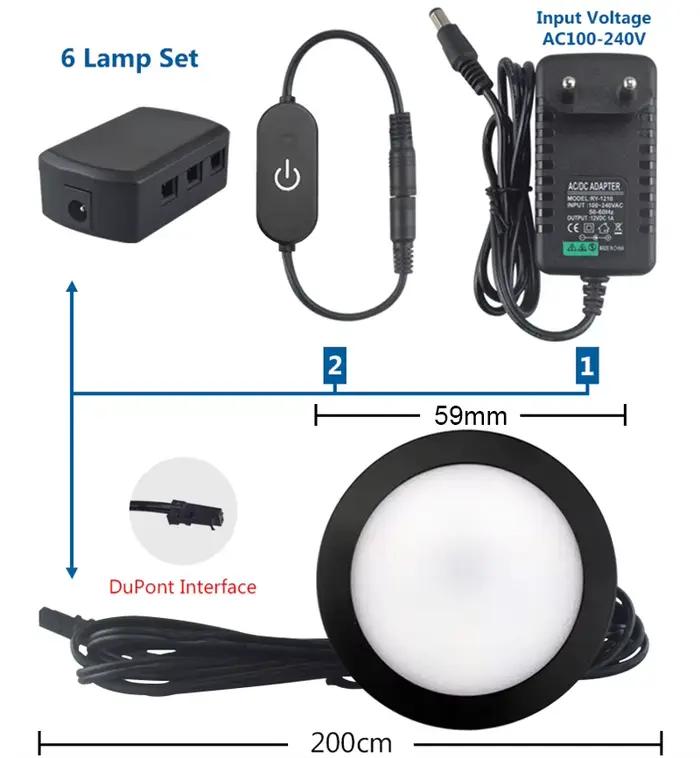 LED sous armoire lampe DC12V 3W 5W noir rond garde-robe éclairage placard lumières