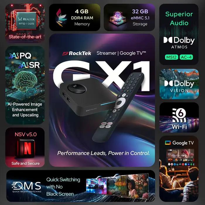 Boîtier Android TV Google TV 12 Box Netflix certifié Google, compatible Dolby Atmos Vision 2T2R, RockTek GX1 UHD Realtek1325 A55 Edge AI