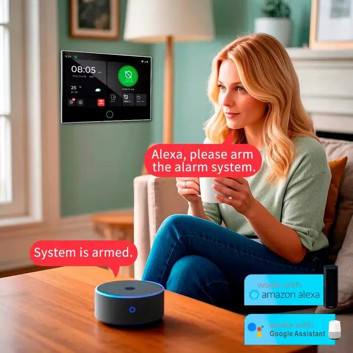Kit de système d'alarme KERUI avec grand écran tactile IPS, contrôle par application, compatibilité avec Amazon Alexa, Google Assistant, et prise en charge de 6 langues pour sécurité maison et commerce