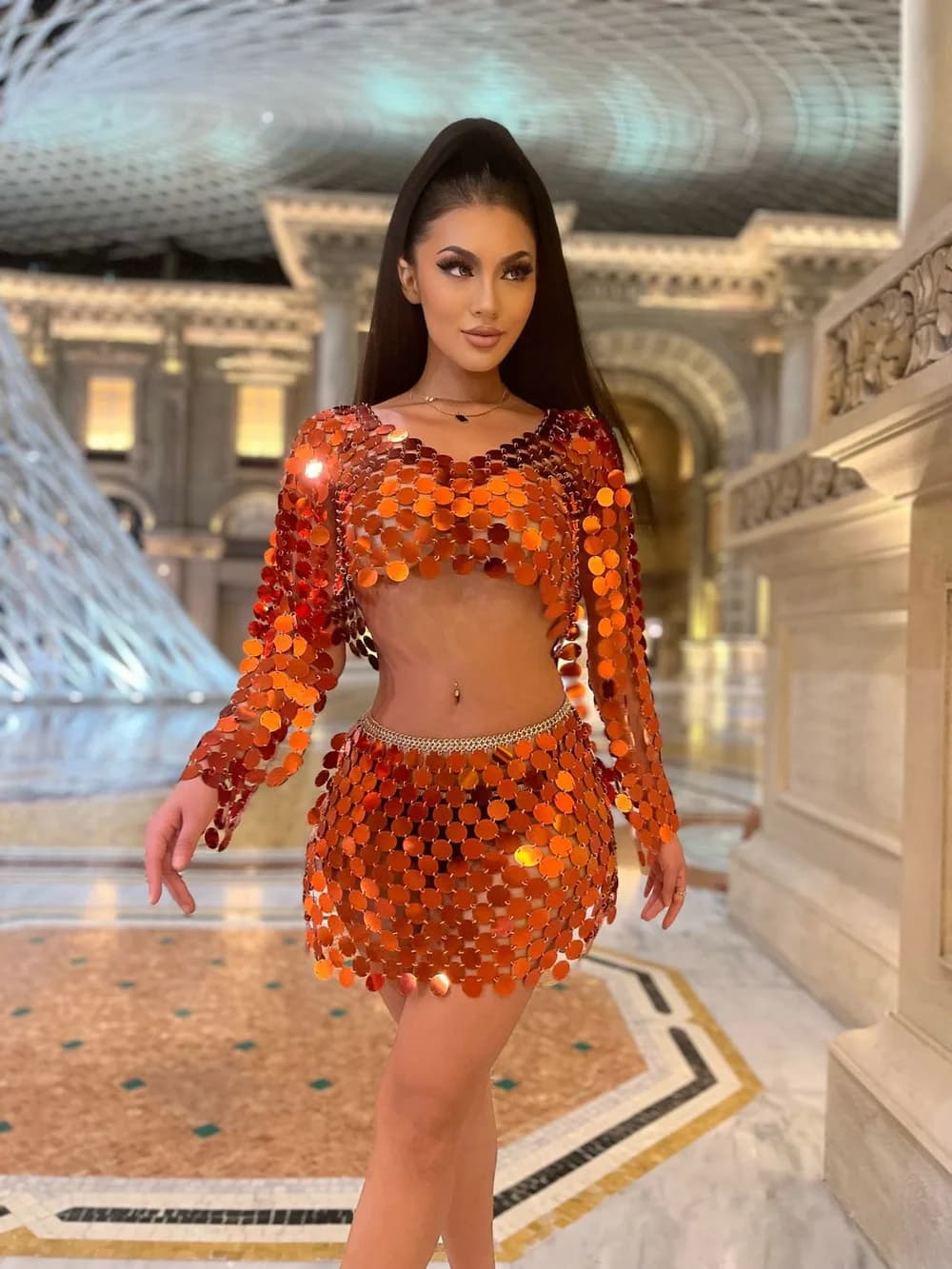 Haut court à manches longues et Mini jupe pour femme, tenue de soirée à paillettes, Orange, Sexy, 2 