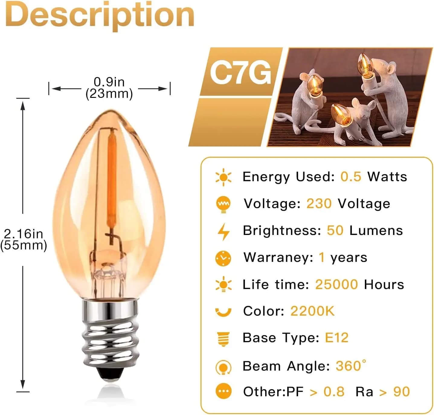 Ampoules LED pour décoration de noël, lampe de nuit C7 0.5W E14 E12 2200K, ampoule en verre ambré, v