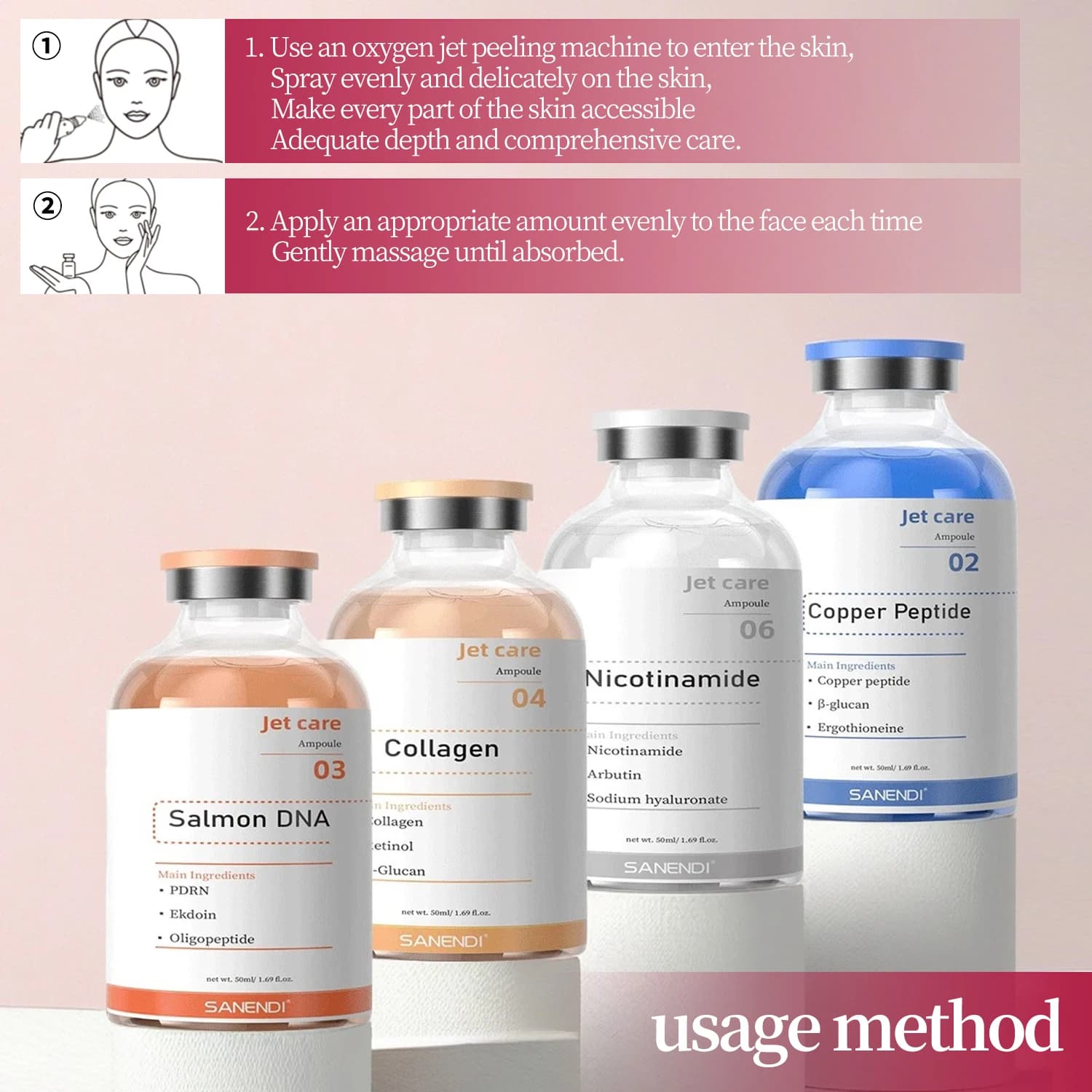 Contrôle de la cellule de tige saumon ADN sérum Peptide Jet soin Peeling Ampoule Spray eau oxygène c