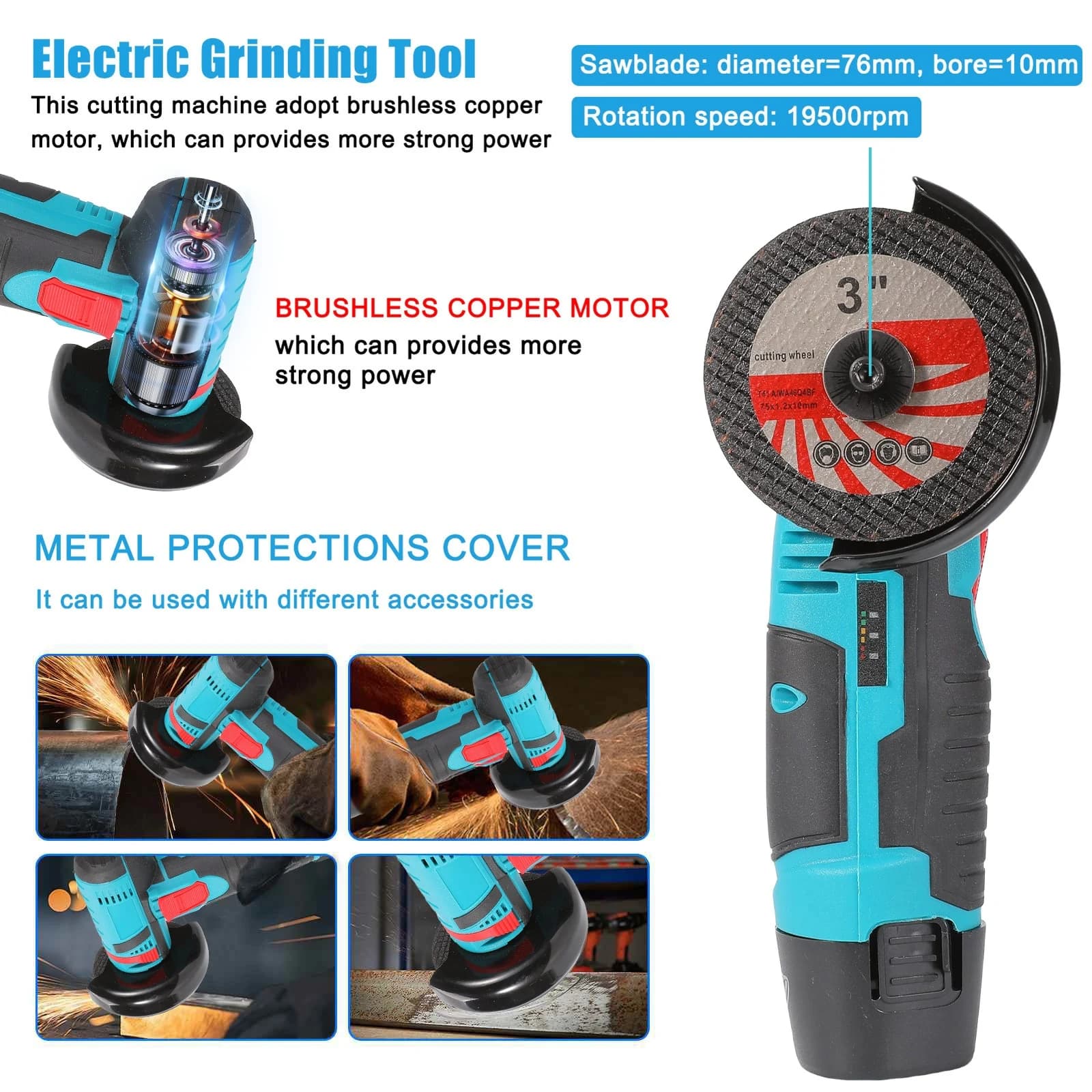 Mini-meuleuse d'angle 12V au lithium-ion, outil de meulage, vitesse de coupe 19500 tr/min, protectio