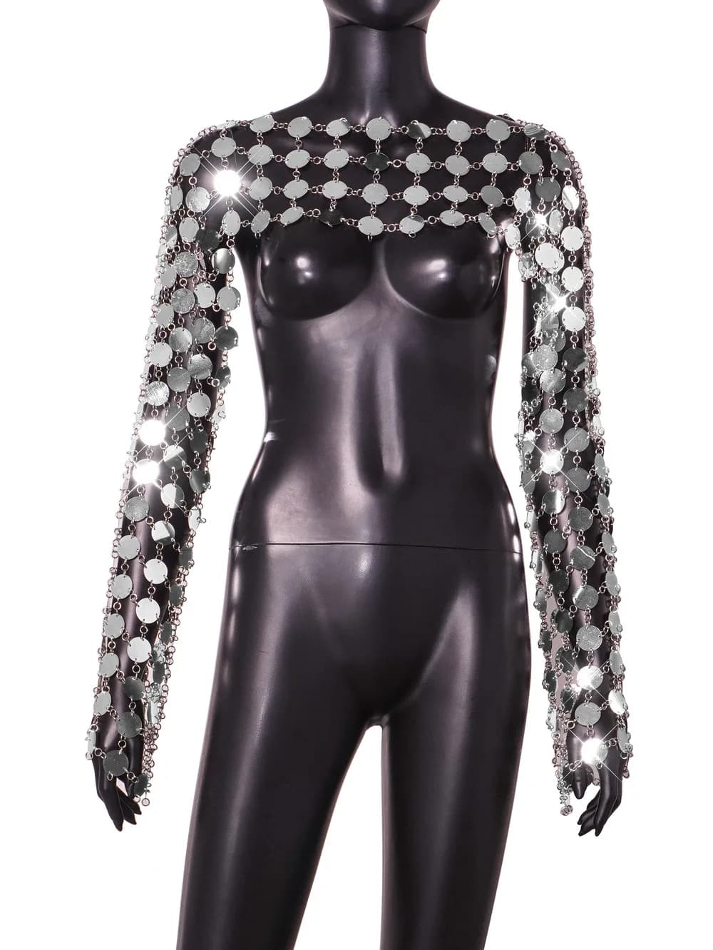 Haut à manches longues avec décor à paillettes pour femmes, haut métallique solide, magnifique festi