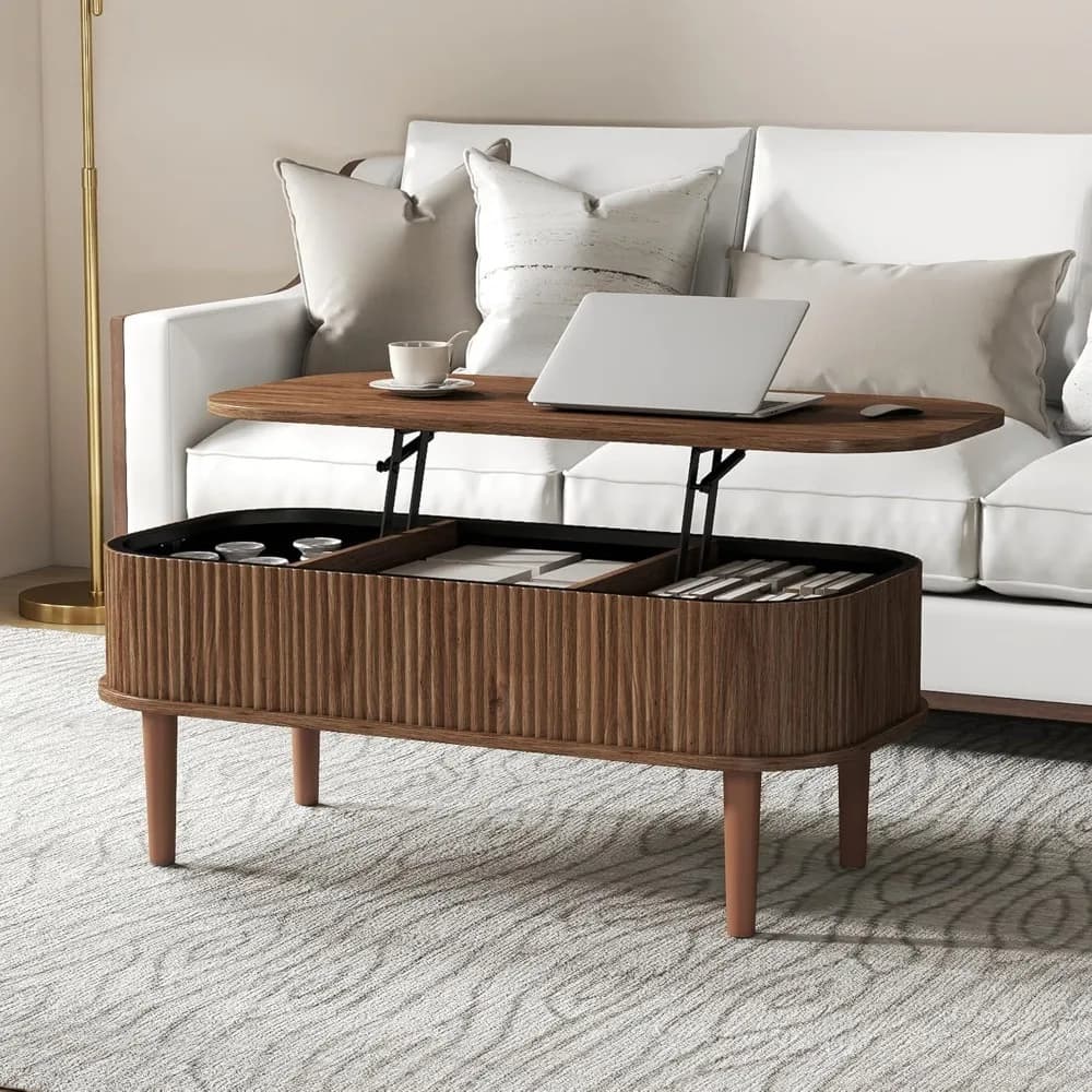 Table basse relevable cannelée avec rangement dissimulé, table basse ovale avec plateau relevable, d