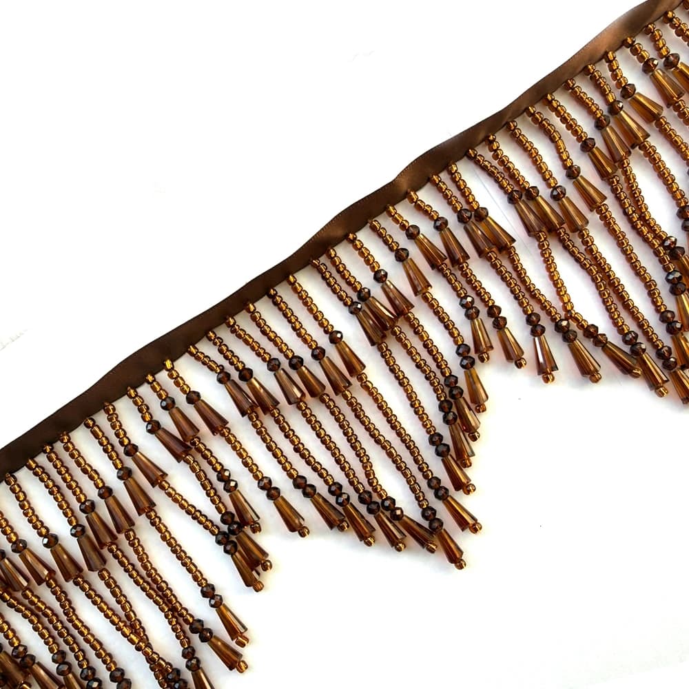 Bordure perlée à franges ondulées HelluyerDc marron, rouge, or, noir, garniture perlée avec strass p