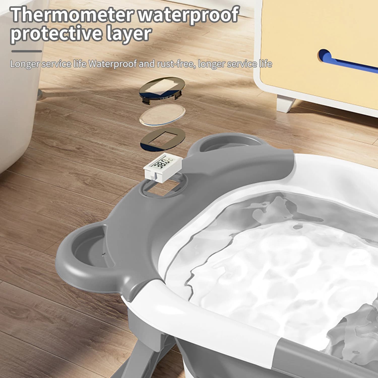 Baignoire pliable pour bébé avec thermomètre, tapis de bain antidérapant, Support de coussin, baigno