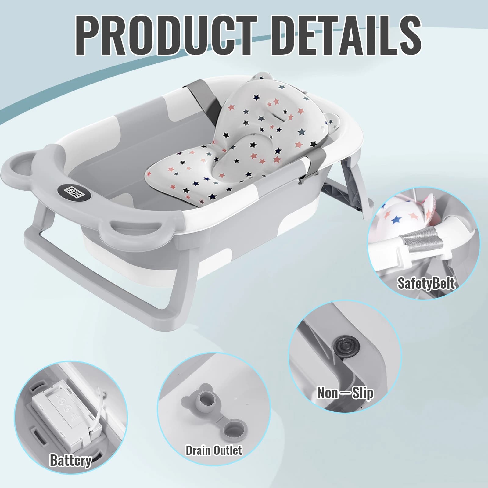 Baignoire pliable pour bébé, antidérapante, avec thermomètre pour surveiller la température de l'eau