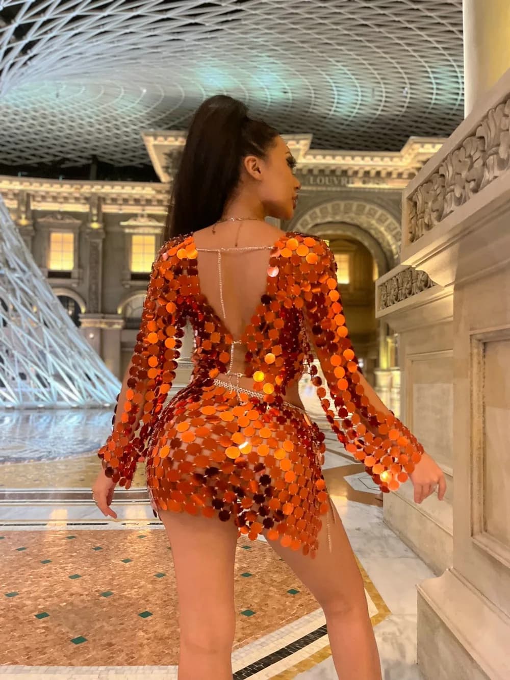 Haut court à manches longues et Mini jupe pour femme, tenue de soirée à paillettes, Orange, Sexy, 2 