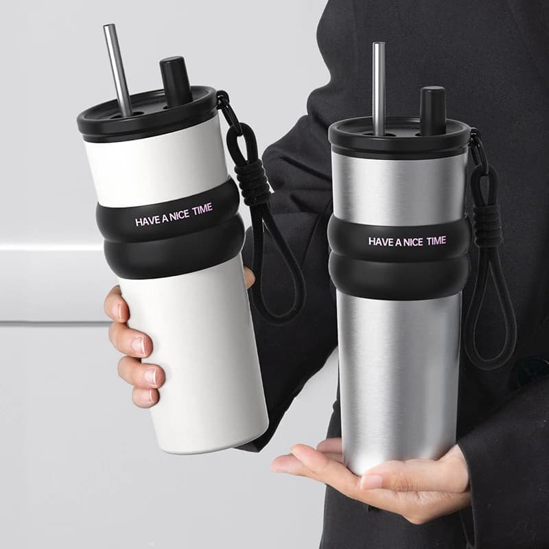 Bouteille isolée sous vide en acier inoxydable avec paille, Thermos anti-fuite pour chaud et froid, 
