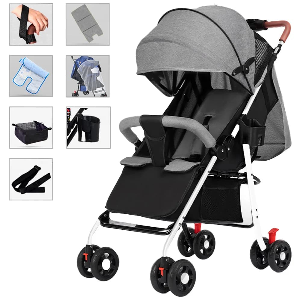 Poussette bébé robuste avec cadre en acier, siège inclinable à plat, panier de rangement extra large