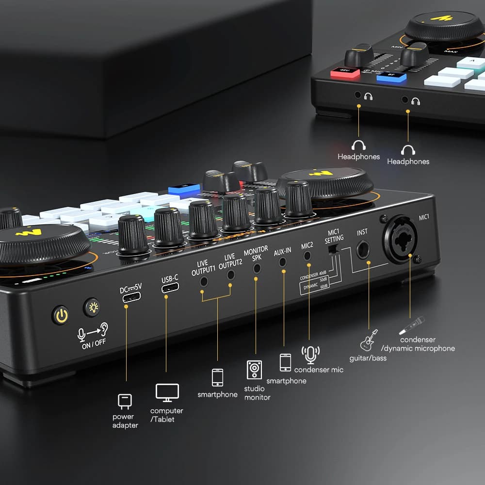 Interface audio Maono AME2, carte son, mixeur DJ, studio portable tout-en-un pour l'enregistrement, 