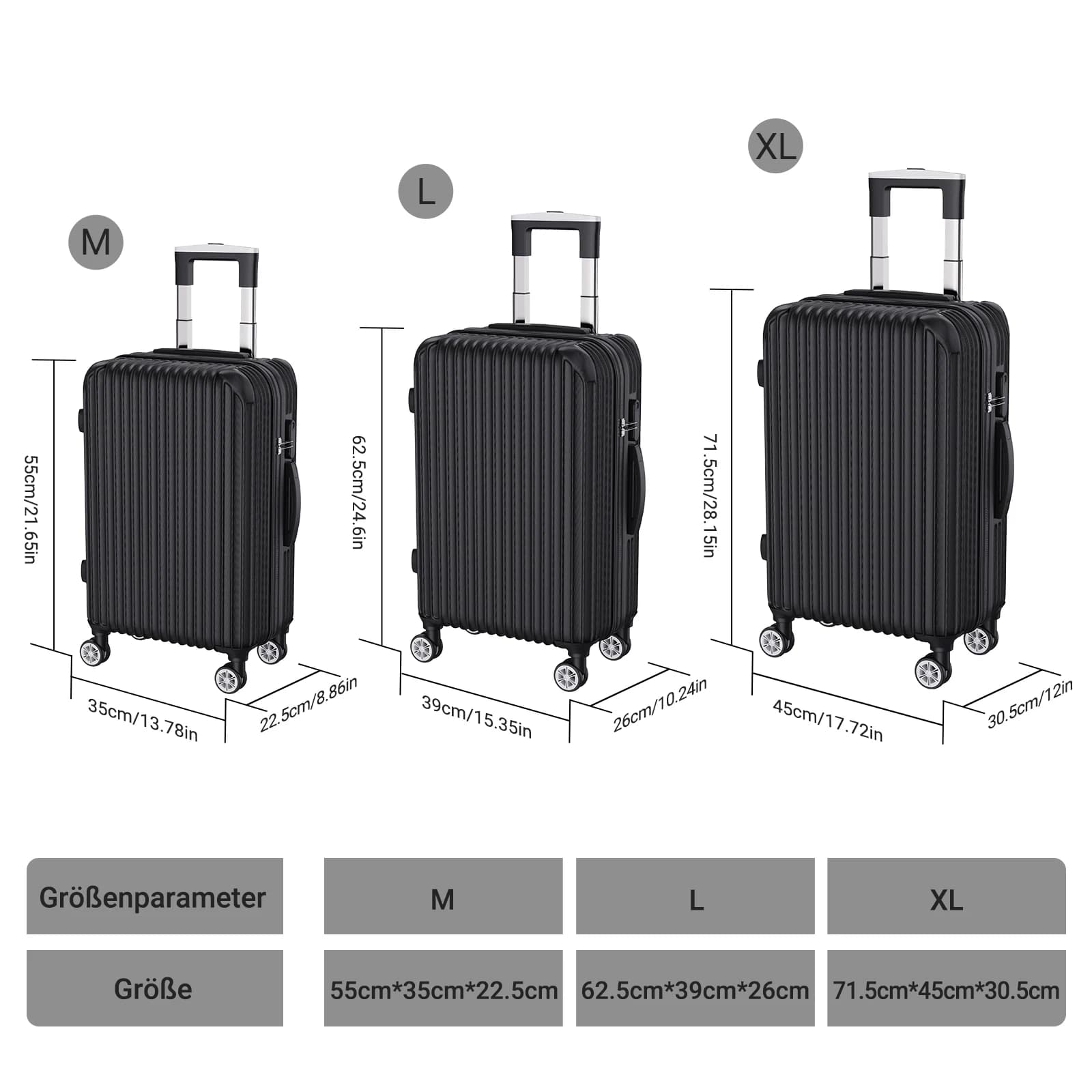 Set de 3 valises rigides ABS, bagage cabine, trolley voyage, 4 roues 360°, M 20'' L 24'' XL 28'', se